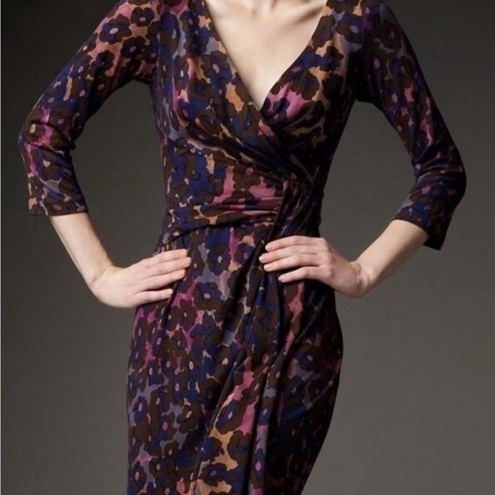 Diane Von Furstenberg Floral Animal  Purple and Pink 3/4 Sleeve Faux Wrap Dress